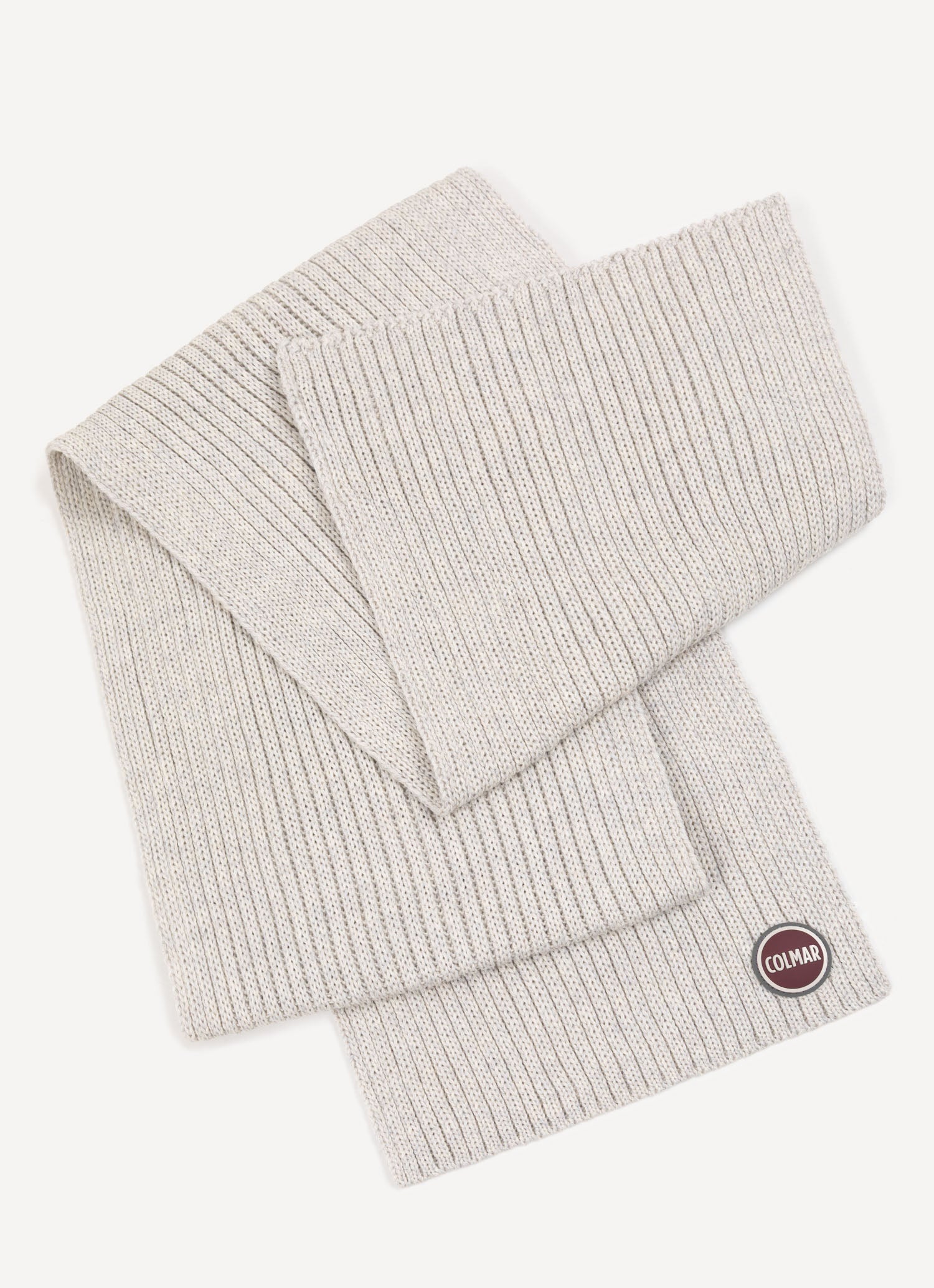 Sciarpa Colmar unisex a coste grigio melange in lana vergine con logo Colmar Originals fronte