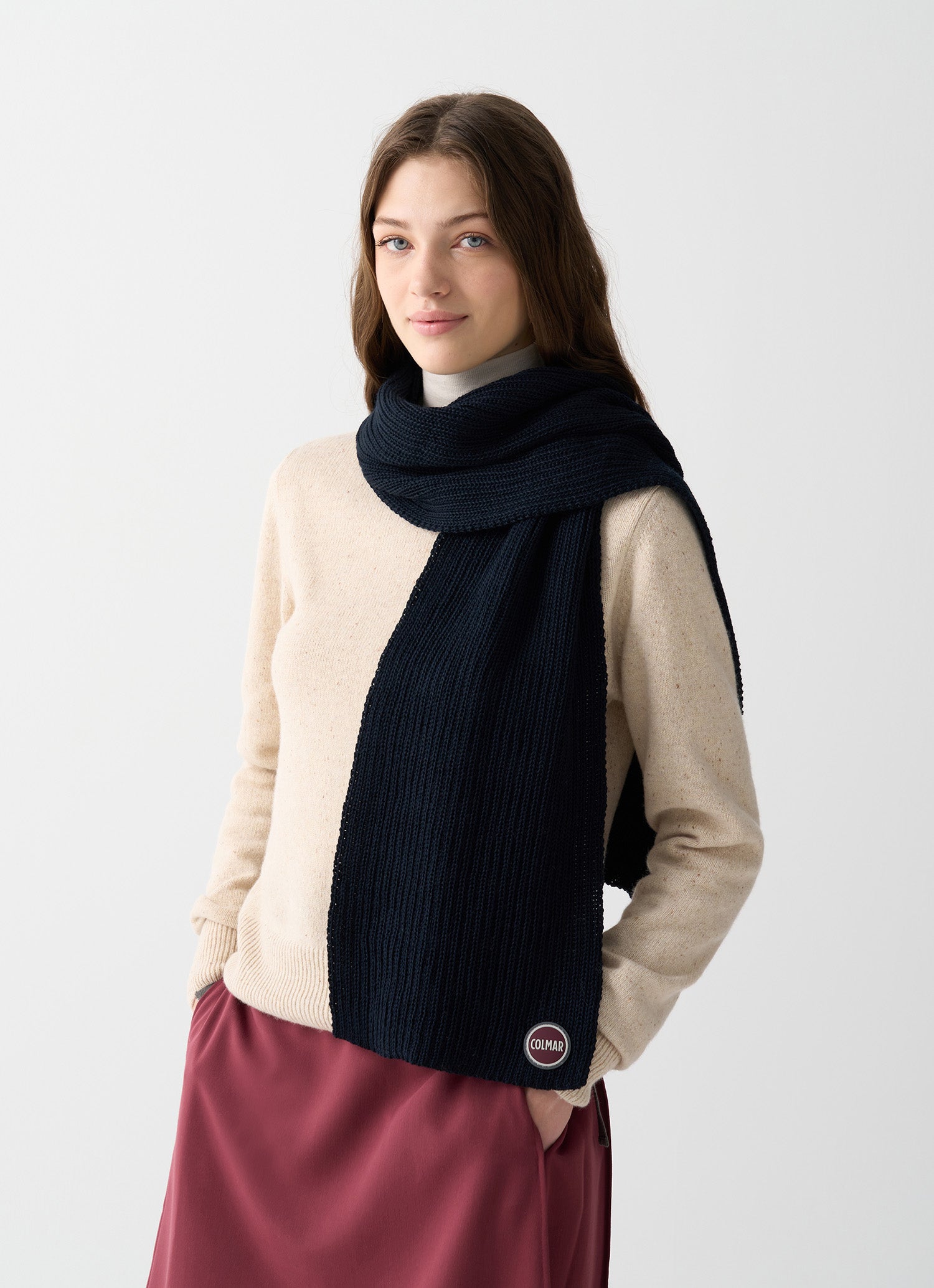 Sciarpa Colmar unisex a coste navy blu in lana vergine con logo Colmar Originals