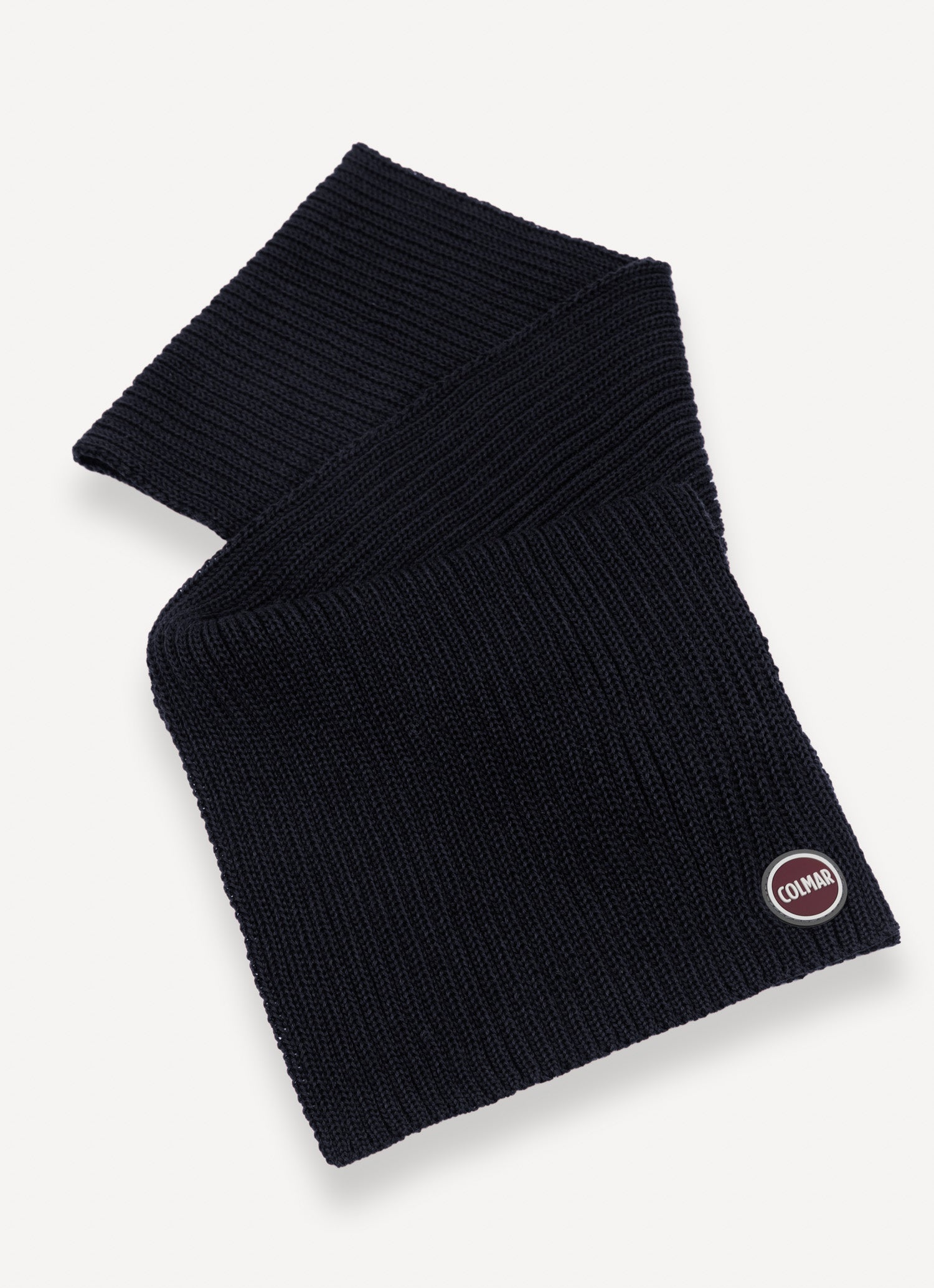 Sciarpa Colmar unisex a coste navy blu in lana vergine con logo Colmar Originals fronte