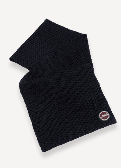 Sciarpa Colmar unisex a coste navy blu in lana vergine con logo Colmar Originals fronte