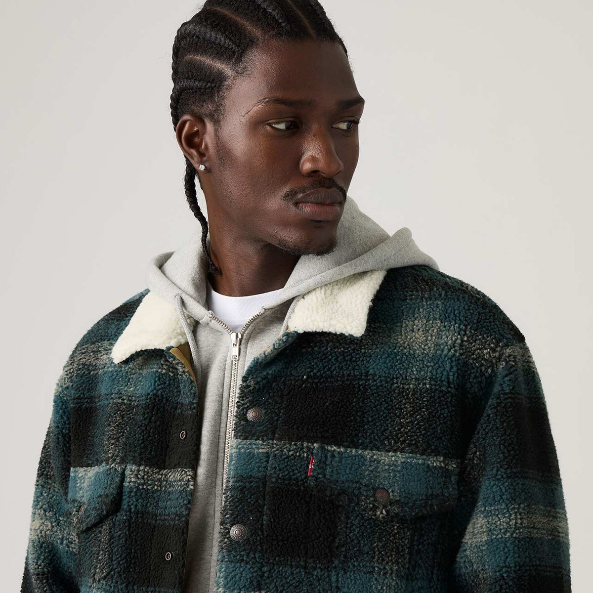 Levi’s Giubbino uomo trucker Type III in sherpa a quadri, colore grigio ghiaccio Merle 008DM0001 - immagine 4