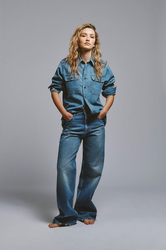 jeans donna Roy Roger’s Eva Herzigova wide fit denim blu vintage vista frontale