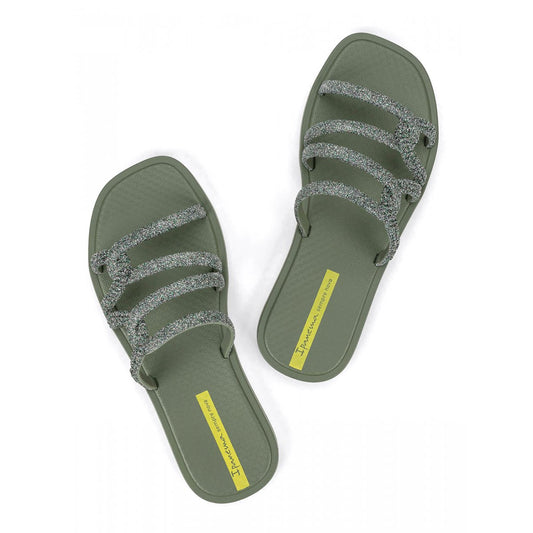Ciabatte da donna Ipanema Solar Glow Slide in verde glitter con suola decorata ispirata a Ipanema fronte