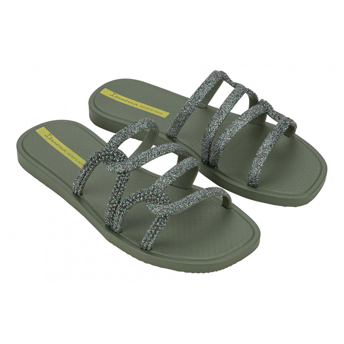 Ciabatte da donna Ipanema Solar Glow Slide in verde glitter con suola decorata ispirata a Ipanema lato