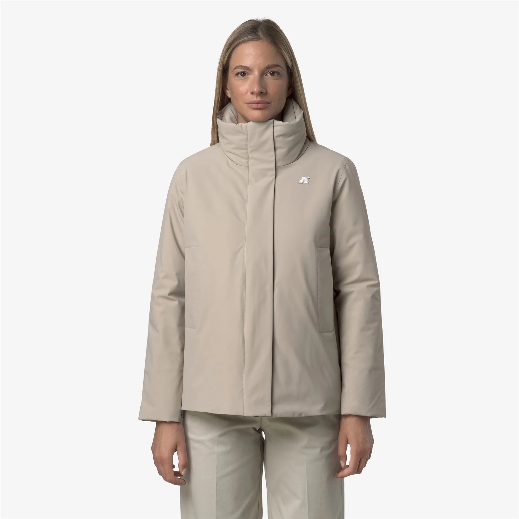 kway-giacca-donna-marletta-st-warm-corta-impermeabile-beige con cappuccio davanti