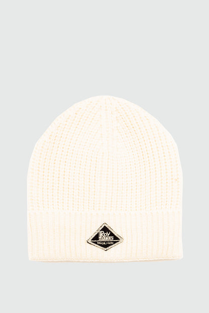 Cappello beanie unisex Roy Roger’s in maglia a coste off white con label in denim fronte