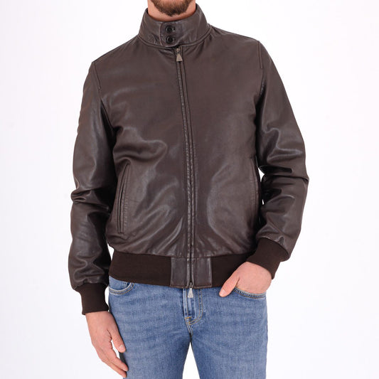 Giacca barracuda uomo Roy Roger’s in pelle washed dark brown con colletto rialzato e zip frontale