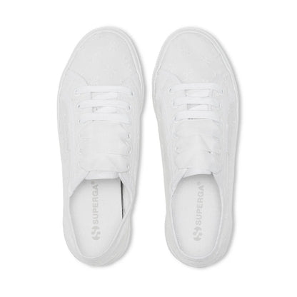 Superga 2740 donna con zeppa in cotone sangallo floreale bianco e lacci in raso vista alto