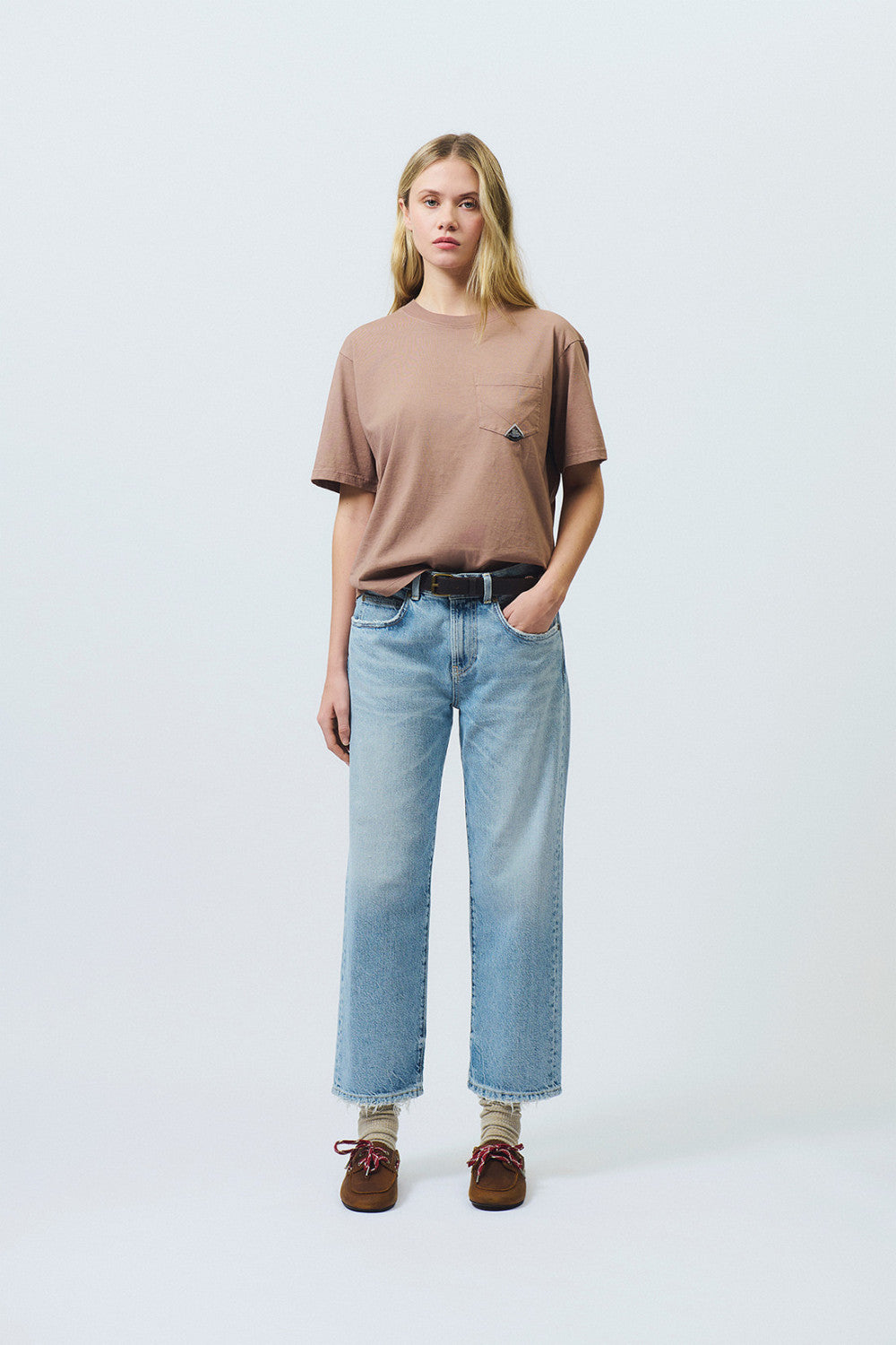 Roy Roger's t-shirt donna rosa in cotone con taschino girocollo regular fit