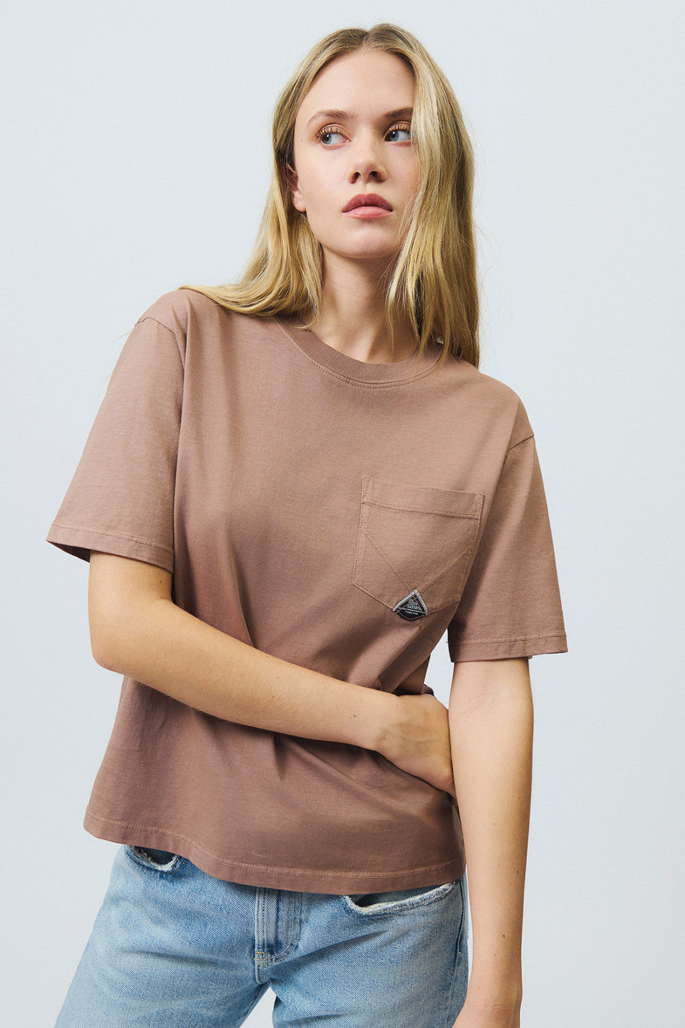 Roy Roger's t-shirt donna rosa in cotone con taschino girocollo regular fit