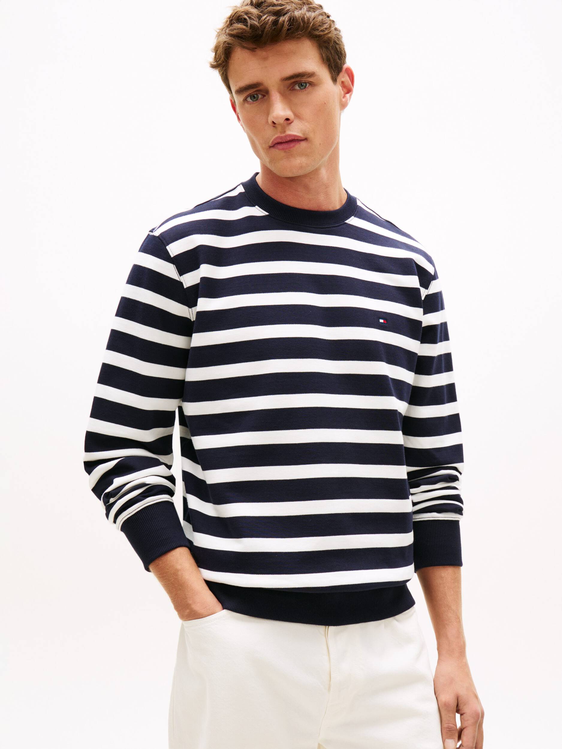 tommy hilfiger felpa uomo righe blu cotone terry fronte