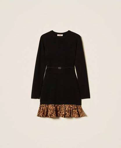 Twinset abito corto donna in maglia con inserto animalier nero marrone e cintura Oval T fronte