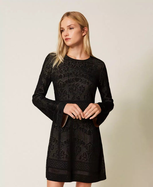 Twinset abito corto donna in maglia traforata nero con maniche lunghe e gonna morbida