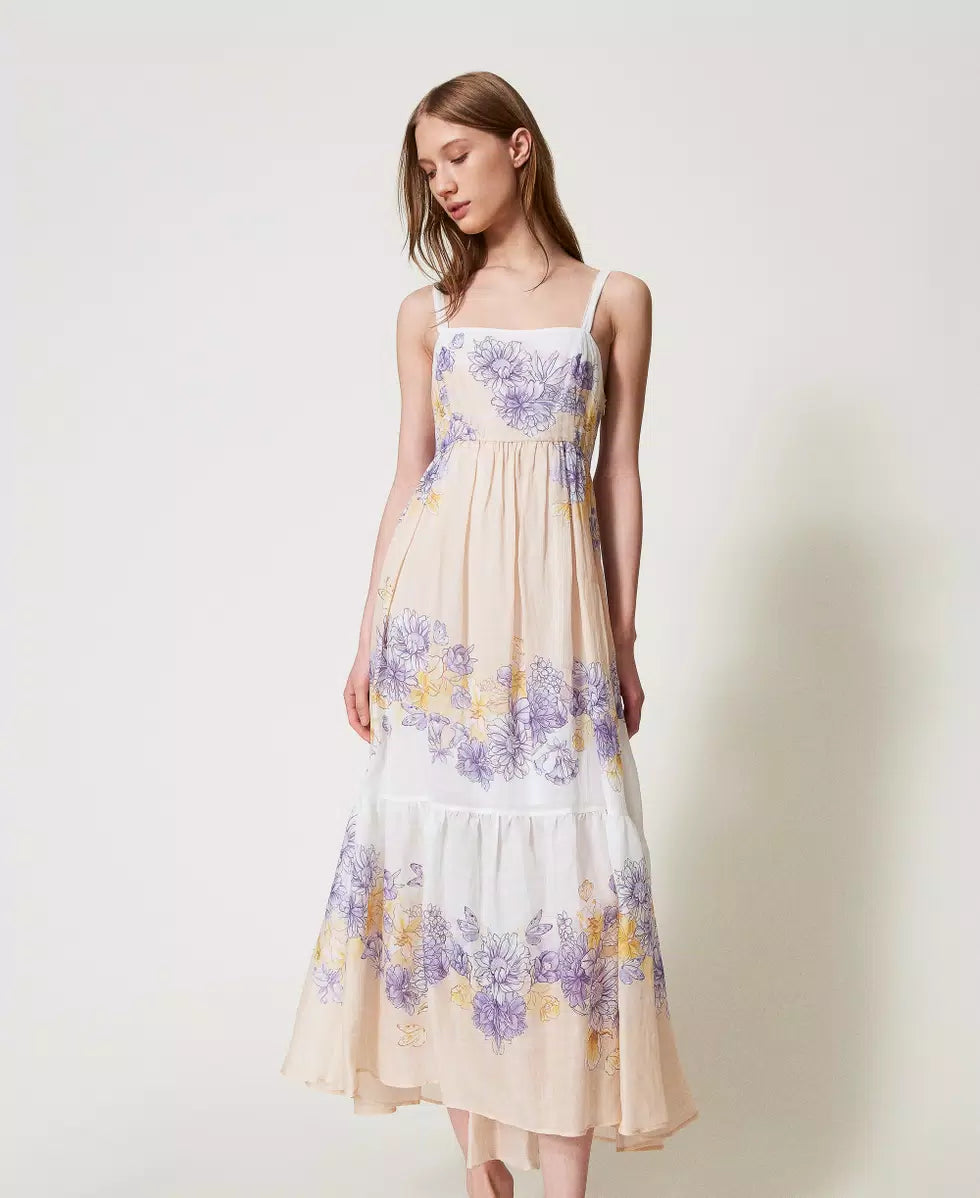 Abito lungo bustier Twinset in ramiè fantasia floreale con balza al fondo