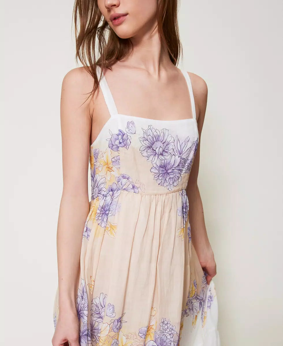 Abito lungo bustier Twinset in ramiè fantasia floreale con balza al fondo dettaglio