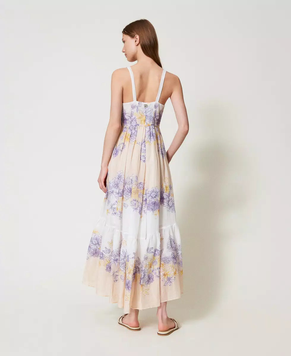 Abito lungo bustier Twinset in ramiè fantasia floreale con balza al fondo dietro
