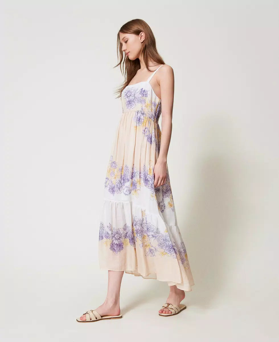 Abito lungo bustier Twinset in ramiè fantasia floreale con balza al fondo lato