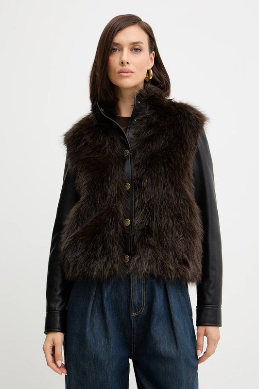 Giacca donna Twinset in eco-pelliccia e pelle sintetica con bottoni a pressione