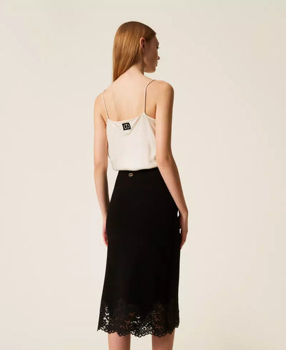 Twinset gonna longuette donna in maglia nera con pizzo ricamato e spacco laterale dietro