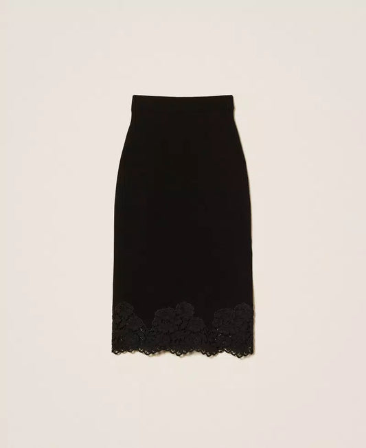 Twinset gonna longuette donna in maglia nera con pizzo ricamato e spacco laterale fronte