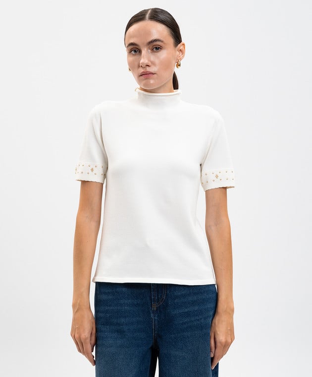 Twinset maglia donna bianco neve in viscosa stretch con strass sulle maniche corte
