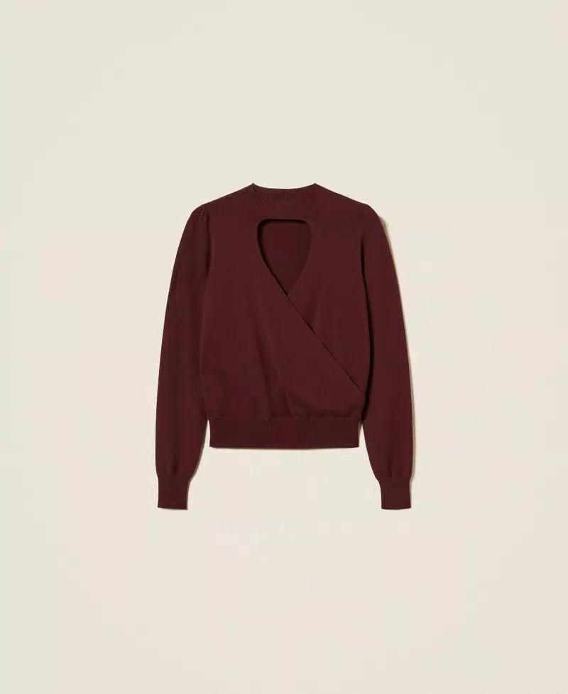 Twinset maglia donna viola winetasting con cut-out e incrocio frontale, collo lupetto e maniche lunghe