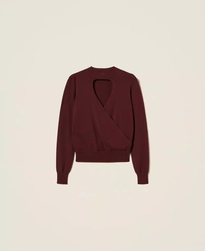 Twinset maglia donna viola winetasting con cut-out e incrocio frontale, collo lupetto e maniche lunghe