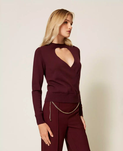 Twinset maglia donna viola winetasting con cut-out e incrocio frontale, collo lupetto e maniche lunghe lato