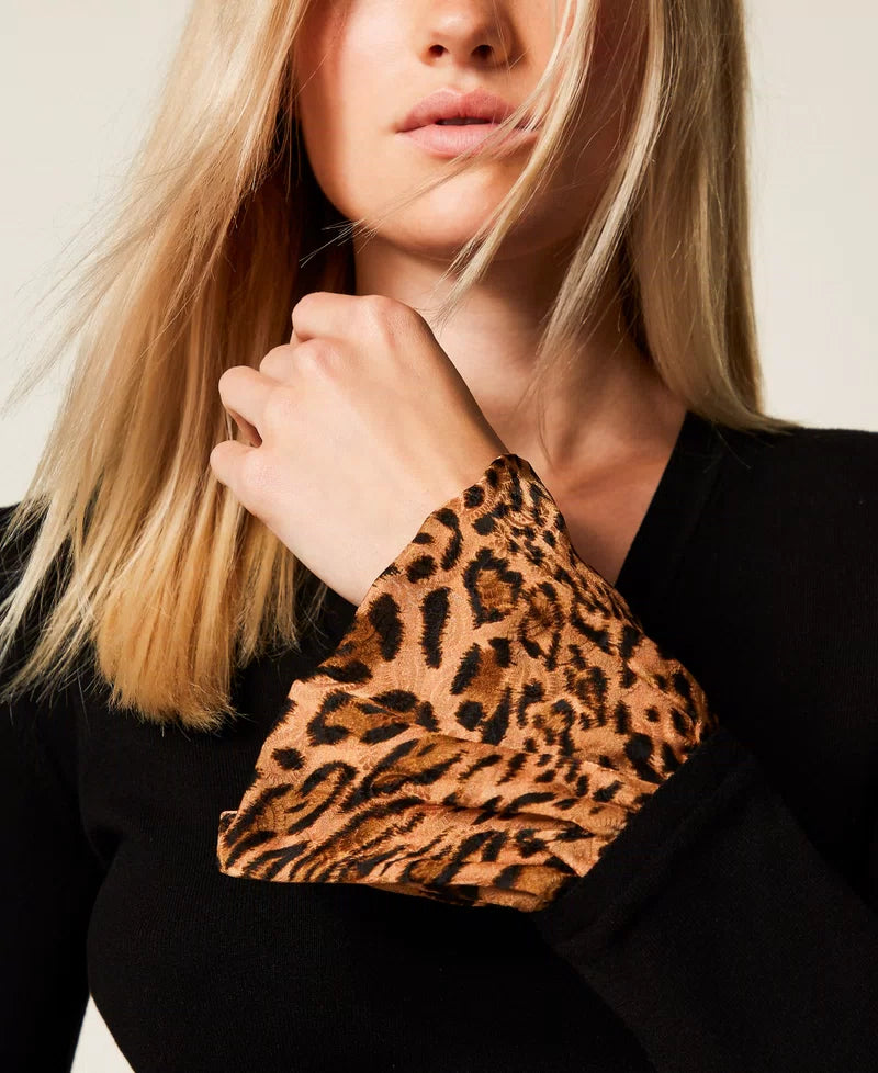 Twinset Maglia Donna con Inserti Animalier Nero/Marrone – dettaglio
