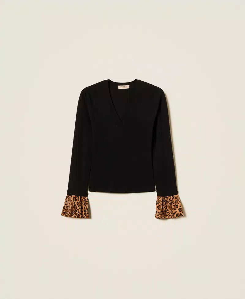 Twinset Maglia Donna con Inserti Animalier Nero/Marrone – vista frontale