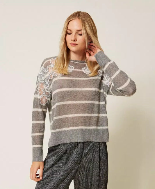Twinset maglia donna in misto mohair righe grigio melange bianco neve con pizzo e spacco