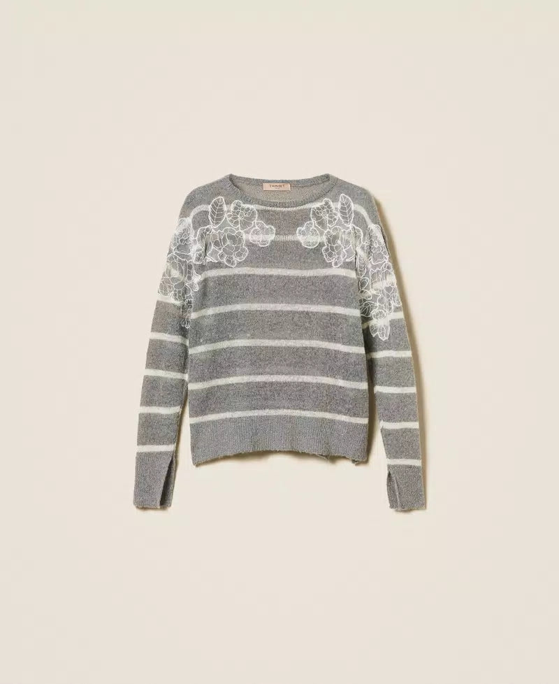 Twinset maglia donna in misto mohair righe grigio melange bianco neve con pizzo e spacco fronte