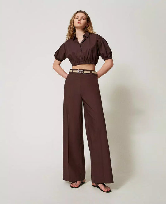 Pantaloni donna Twinset a palazzo in popeline color coffee con cintura in rafia
