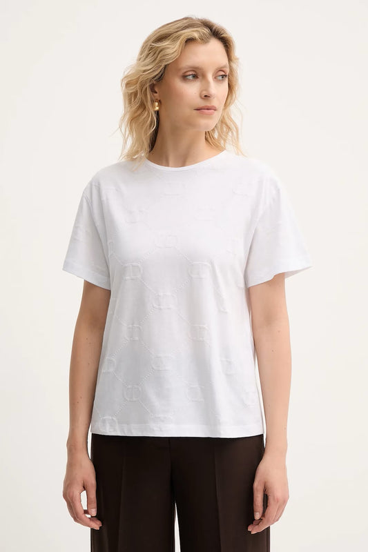 T-shirt donna Twinset in maglia fine elasticizzata stampata con vestibilità rilassata