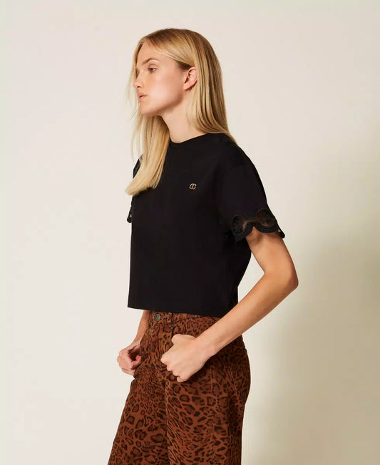 T-shirt donna Twinset nera in cotone linea regular lato
