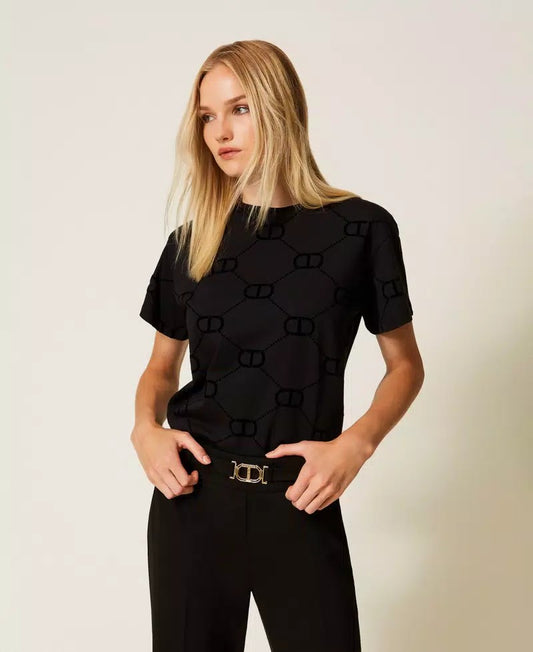 T-shirt Twinset donna nera con stampa flock Oval T su fronte e maniche