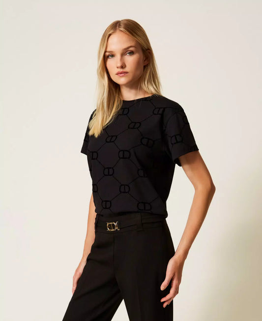 T-shirt Twinset donna nera con stampa flock Oval T su fronte e maniche davanti