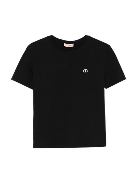T-shirt donna Twinset nera con logo Oval T in metallo e strass