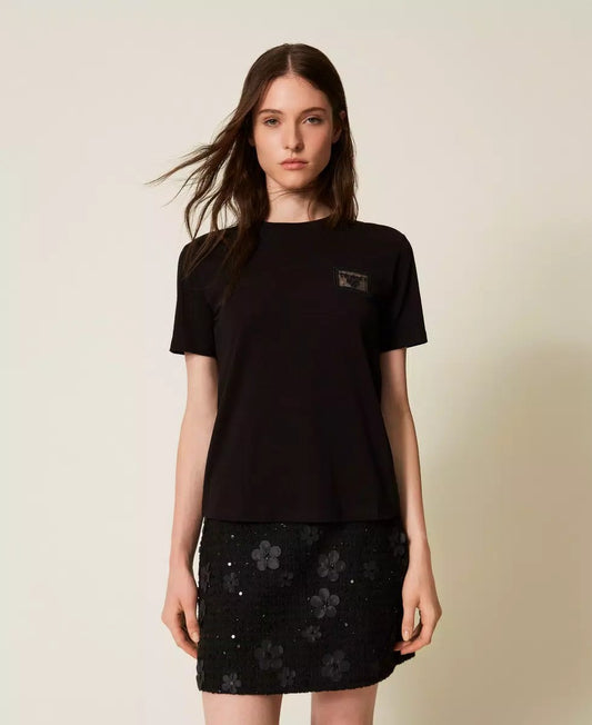 T-shirt donna Twinset regular fit in jersey di cotone con ricamo trasparente e logo lettering