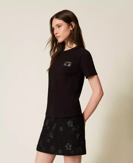 T-shirt donna Twinset regular fit in jersey di cotone con ricamo trasparente e logo lettering lato