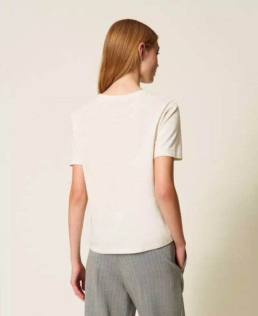 T-shirt donna Twinset regular fit in cotone con ricamo trasparente e logo lettering dietro