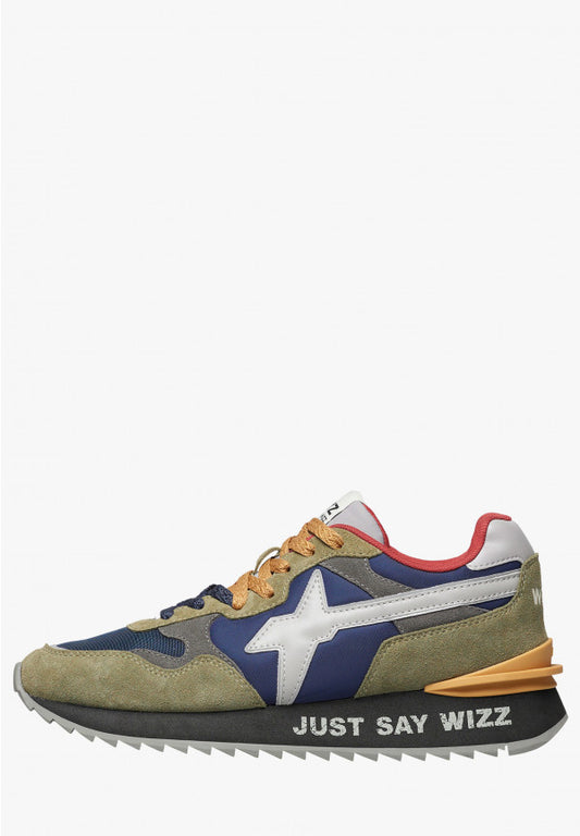 Sneakers uomo W6YZ YAK-M in suede e tessuto tecnico verde-blu con suola nera ultraleggera e dettagli a contrasto lato